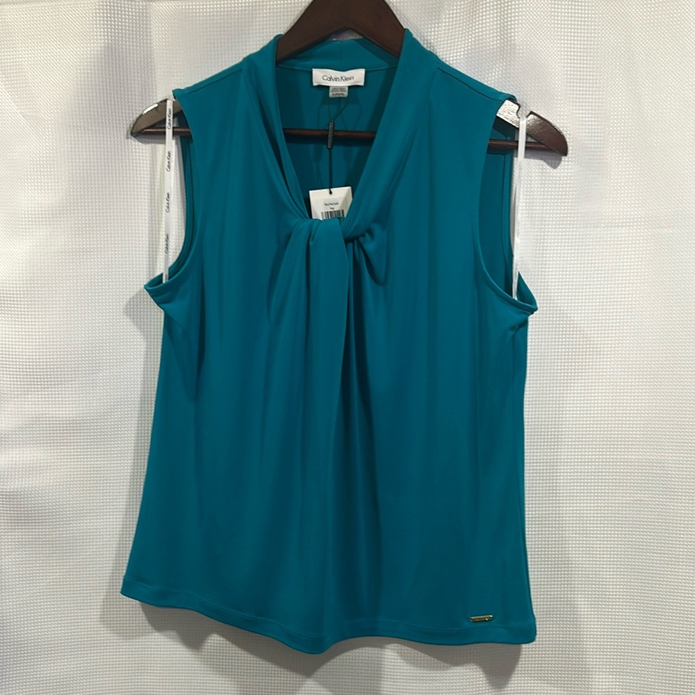 Calvin Klein Teal Sleeveless Blouse with Knotted Neckline